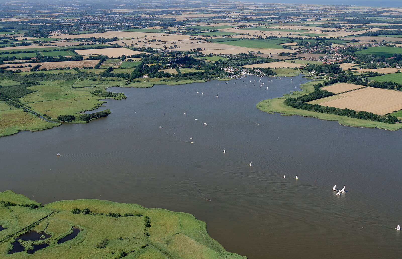 Aerial view of Hickling Broad, Norfolk, with sailing boats