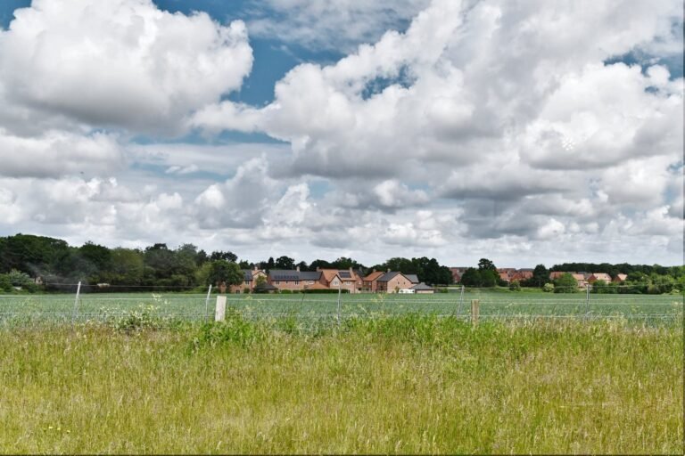 A row of new brick houses on the edge of Aylsham seen across a field under a cloudy sky