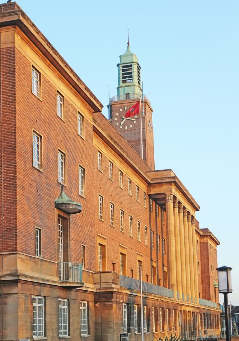 Norwich City Hall, the 1930s brick council building with its clock tower above the market place